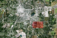1879 map overlaid and aligned with a contemporary satellite photo, showing the location of the Bryan home (misspelled "Bryant" on the original map)